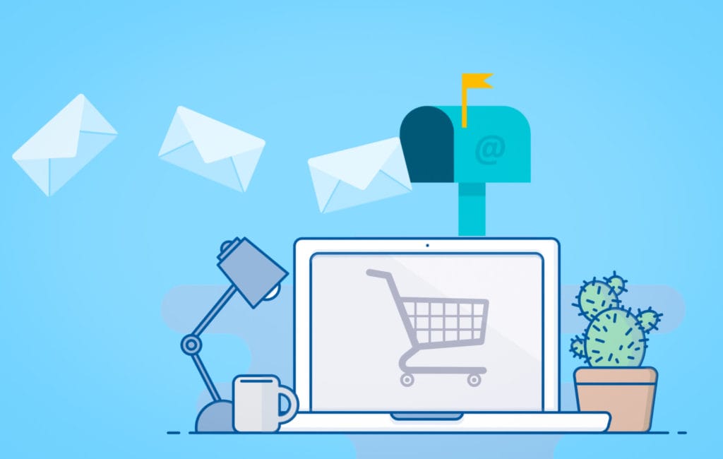 An illustration of newsletter marketing showing a computer with a shopping cart on its screen and mail flying into or out of a mailbox in the background.